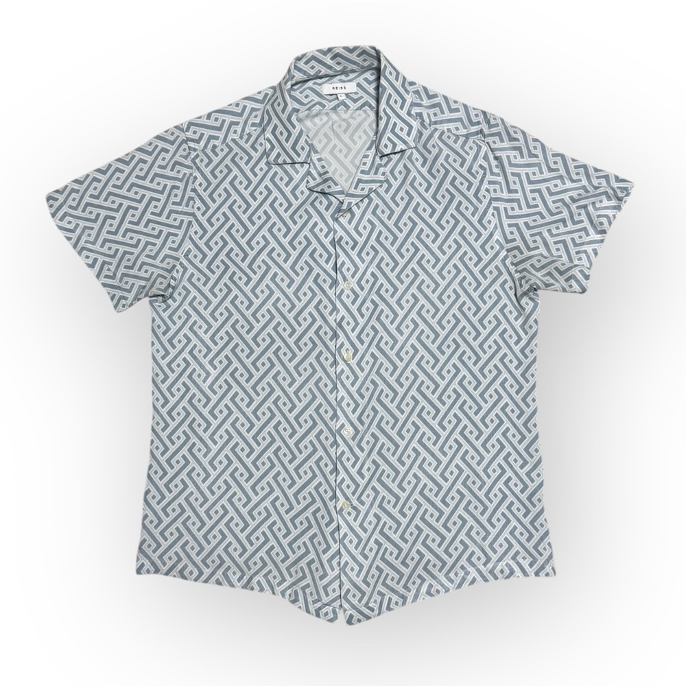 105 REISS Men’s Uptown Printed Cuban Collar Shirt, Blue, Large - Picture 2 of 9